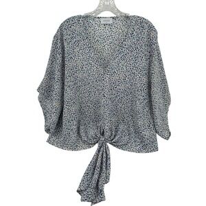 Adrienne Womens Confetti Print V-Neck Tie Front Kimono Sleeve Blouse Blue Pink M